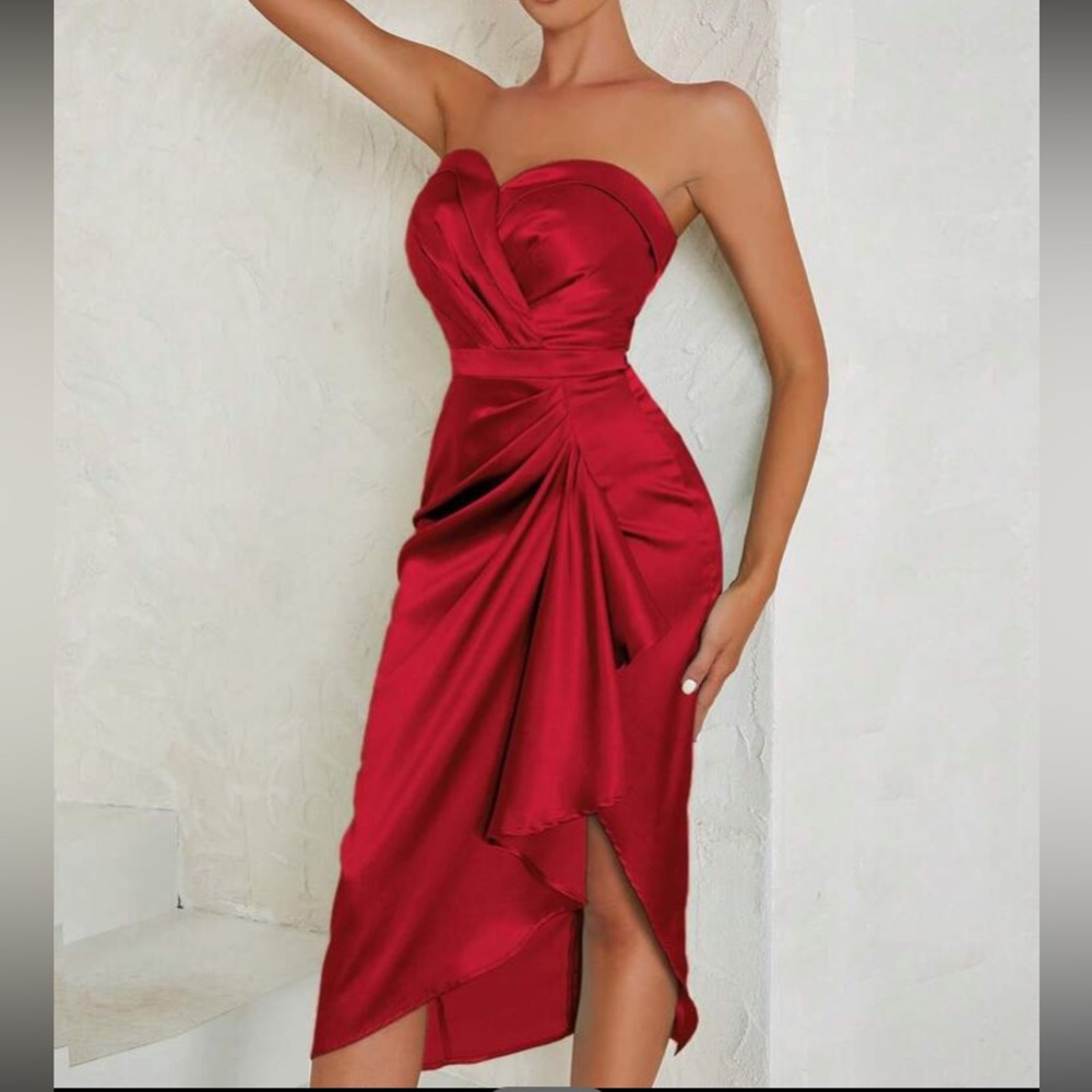 Luxe ruched ruffle party formal tube satin dress - Picture 4 of 7